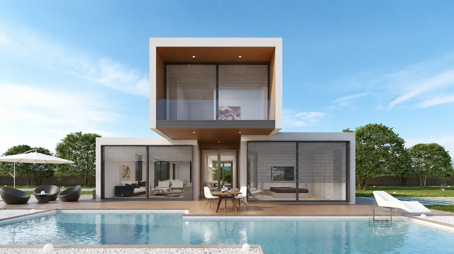 Maison contemporaine aux grandes baies vitrées équipées de brise-soleil orientables, terrasse et piscine