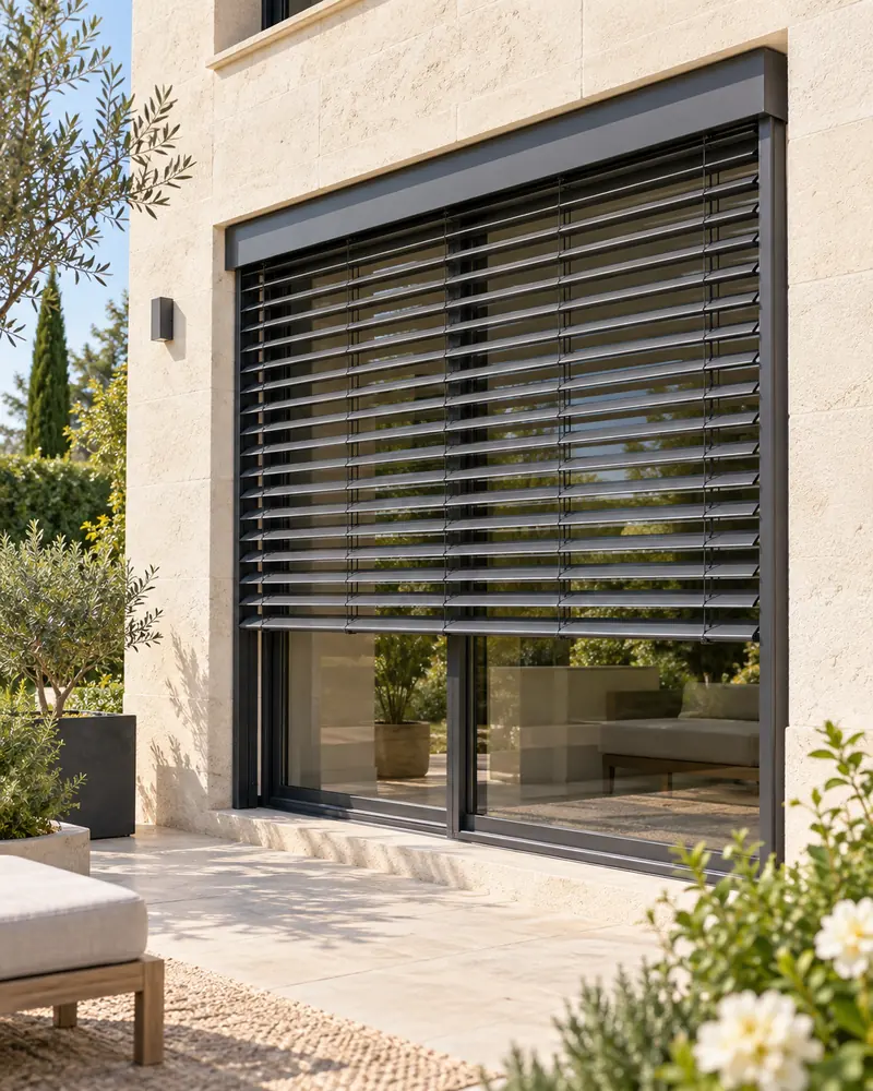 Brise-soleil orientable à lames aluminium devant une baie vitrée