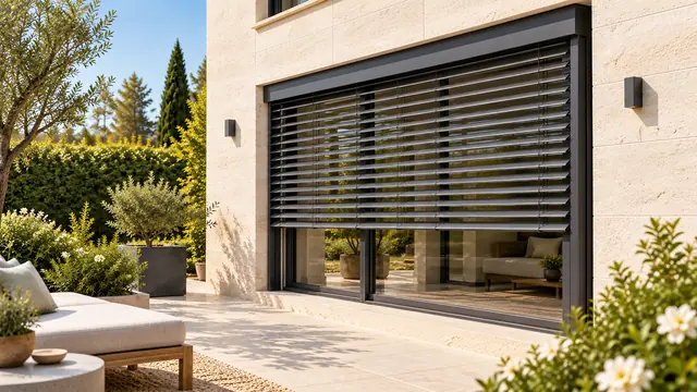 Brise-soleil orientable à lames aluminium anthracite devant une baie vitrée