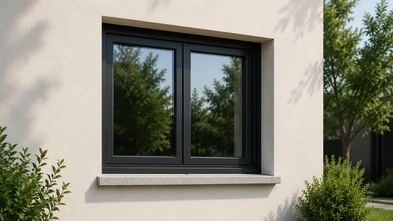 Fenêtre aluminium anthracite deux vantaux dans une façade enduite claire