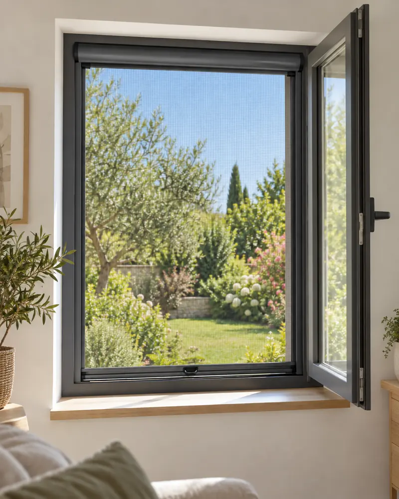 Moustiquaire enroulable intégrée à une fenêtre anthracite ouverte sur le jardin