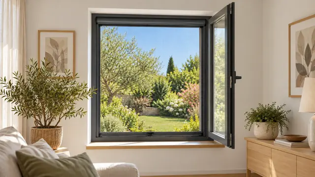 Moustiquaire enroulable intégrée à une fenêtre anthracite ouverte sur le jardin