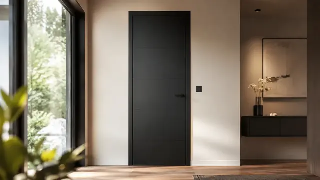 Porte intérieure noire à rainures horizontales dans une entrée lumineuse