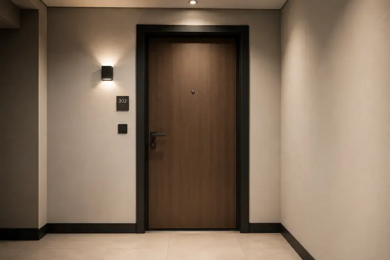 Porte palière d'appartement en bois foncé à huisserie noire