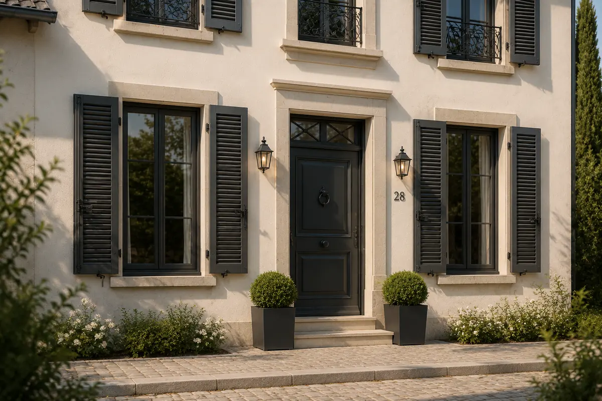 Façade classique équipée de volets battants à persiennes gris anthracite