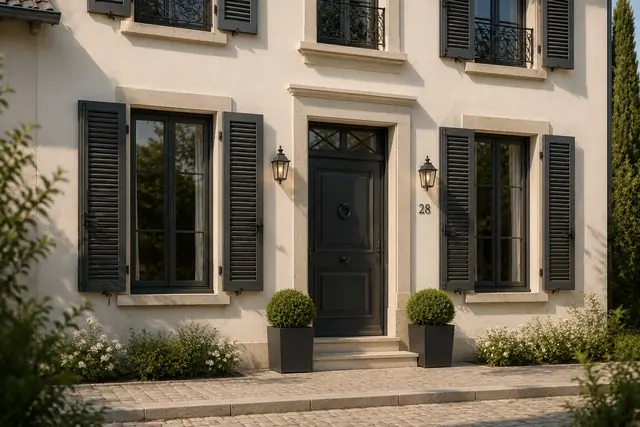 Façade classique équipée de volets battants à persiennes gris anthracite